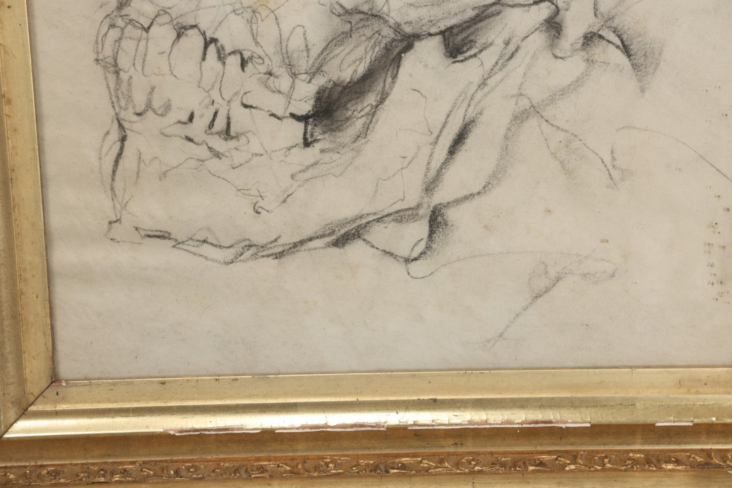 Lot 003 - Vintage Hand-Drawn Academic Human Skull Study, Charcoal On Paper, With Expressive Line Work, In Worn Antique Gilt Frame, 20-1/2" x 24-1/2"