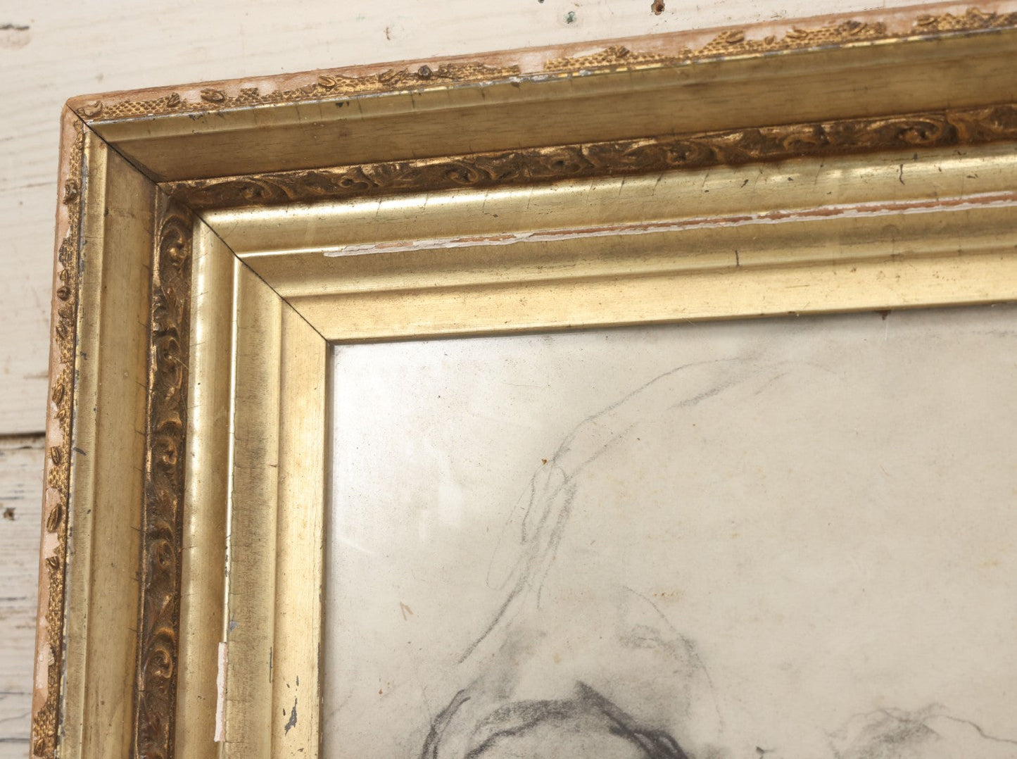 Lot 003 - Vintage Hand-Drawn Academic Human Skull Study, Charcoal On Paper, With Expressive Line Work, In Worn Antique Gilt Frame, 20-1/2" x 24-1/2"