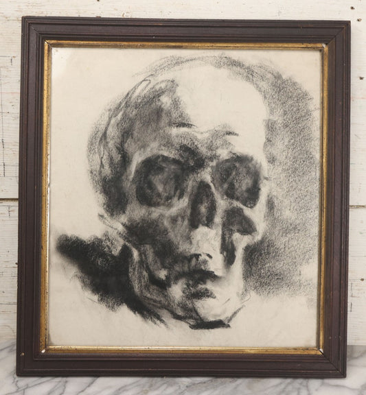 Lot 004 - Vintage Hand-Drawn Academic Human Skull Study, Charcoal On Paper, With Dark Shading, In Antique Wood Frame, 17-5/8" x 19-1/8"