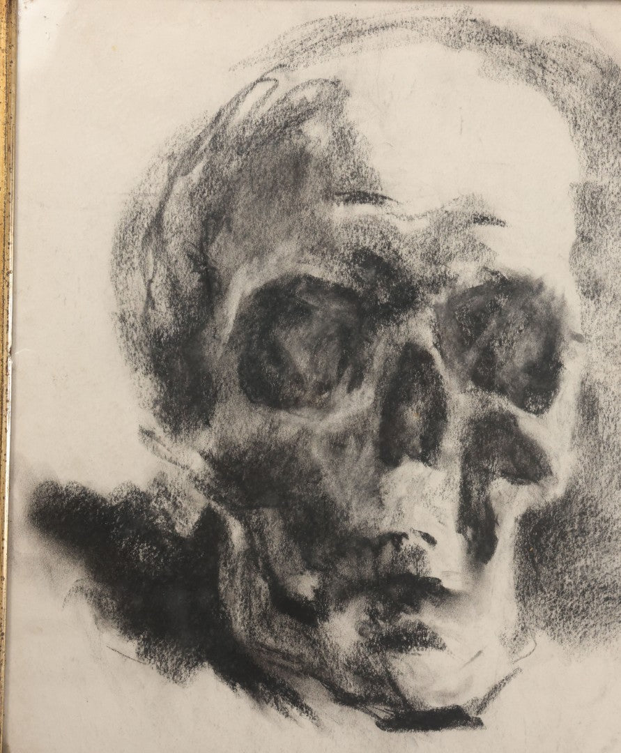 Lot 004 - Vintage Hand-Drawn Academic Human Skull Study, Charcoal On Paper, With Dark Shading, In Antique Wood Frame, 17-5/8" x 19-1/8"