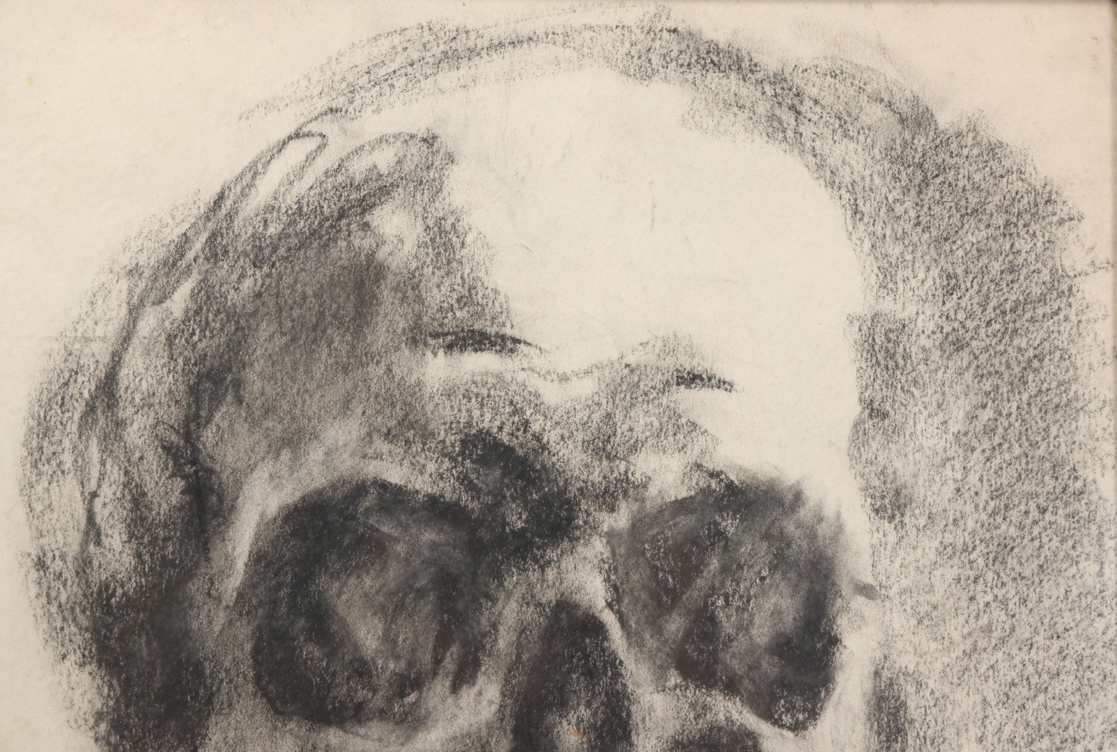 Lot 004 - Vintage Hand-Drawn Academic Human Skull Study, Charcoal On Paper, With Dark Shading, In Antique Wood Frame, 17-5/8" x 19-1/8"