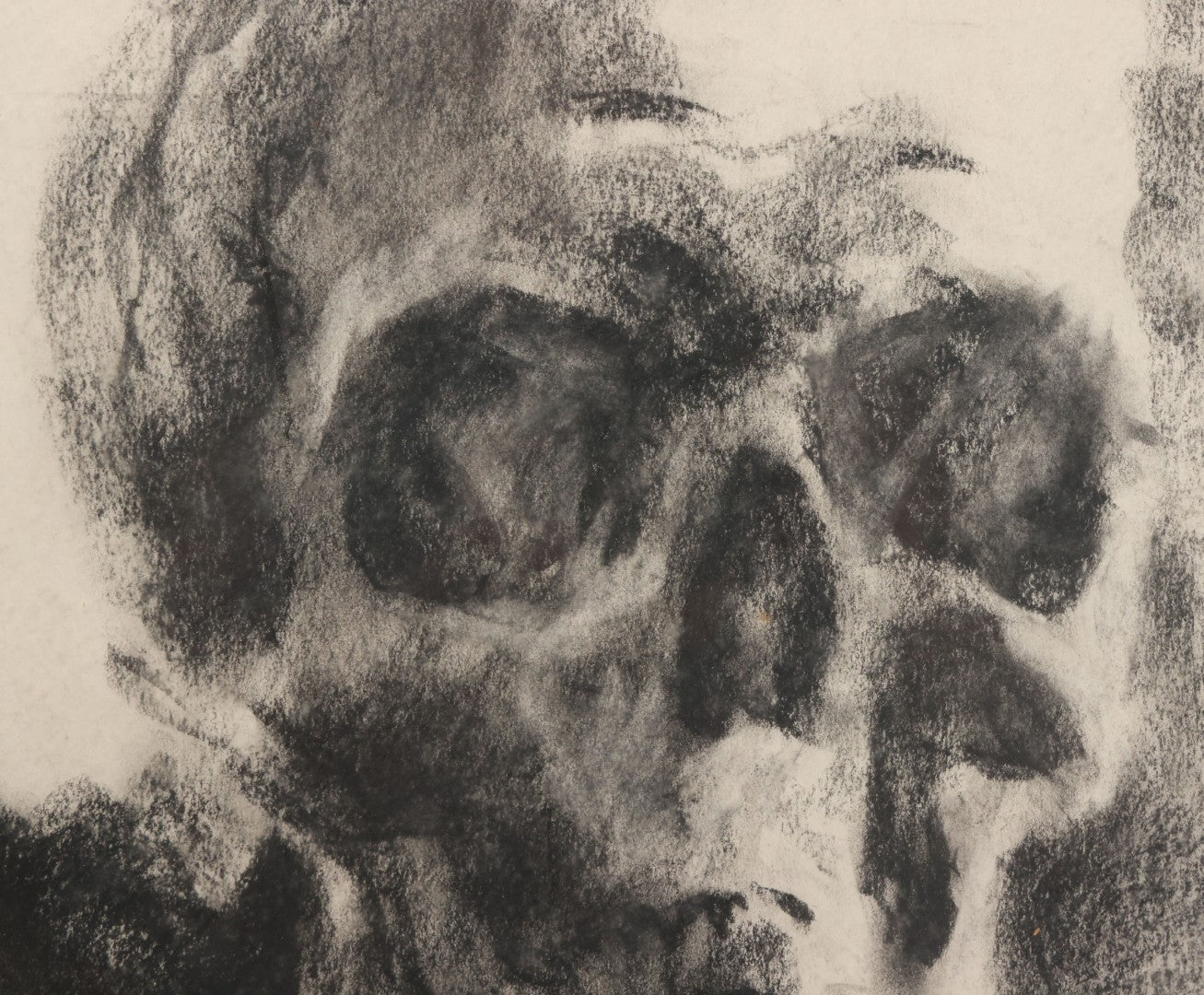 Lot 004 - Vintage Hand-Drawn Academic Human Skull Study, Charcoal On Paper, With Dark Shading, In Antique Wood Frame, 17-5/8" x 19-1/8"