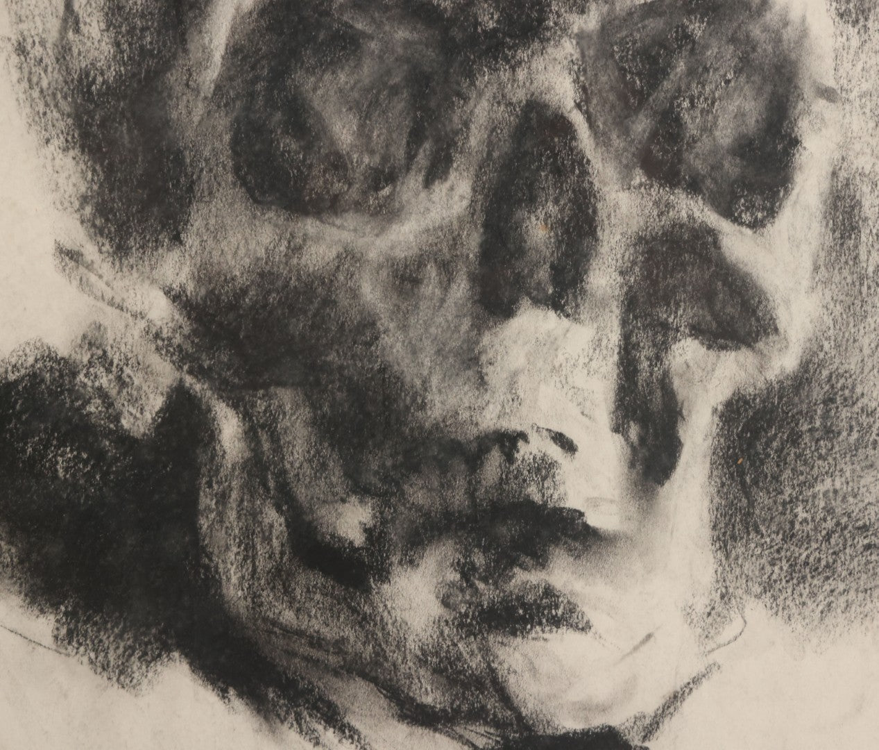 Lot 004 - Vintage Hand-Drawn Academic Human Skull Study, Charcoal On Paper, With Dark Shading, In Antique Wood Frame, 17-5/8" x 19-1/8"