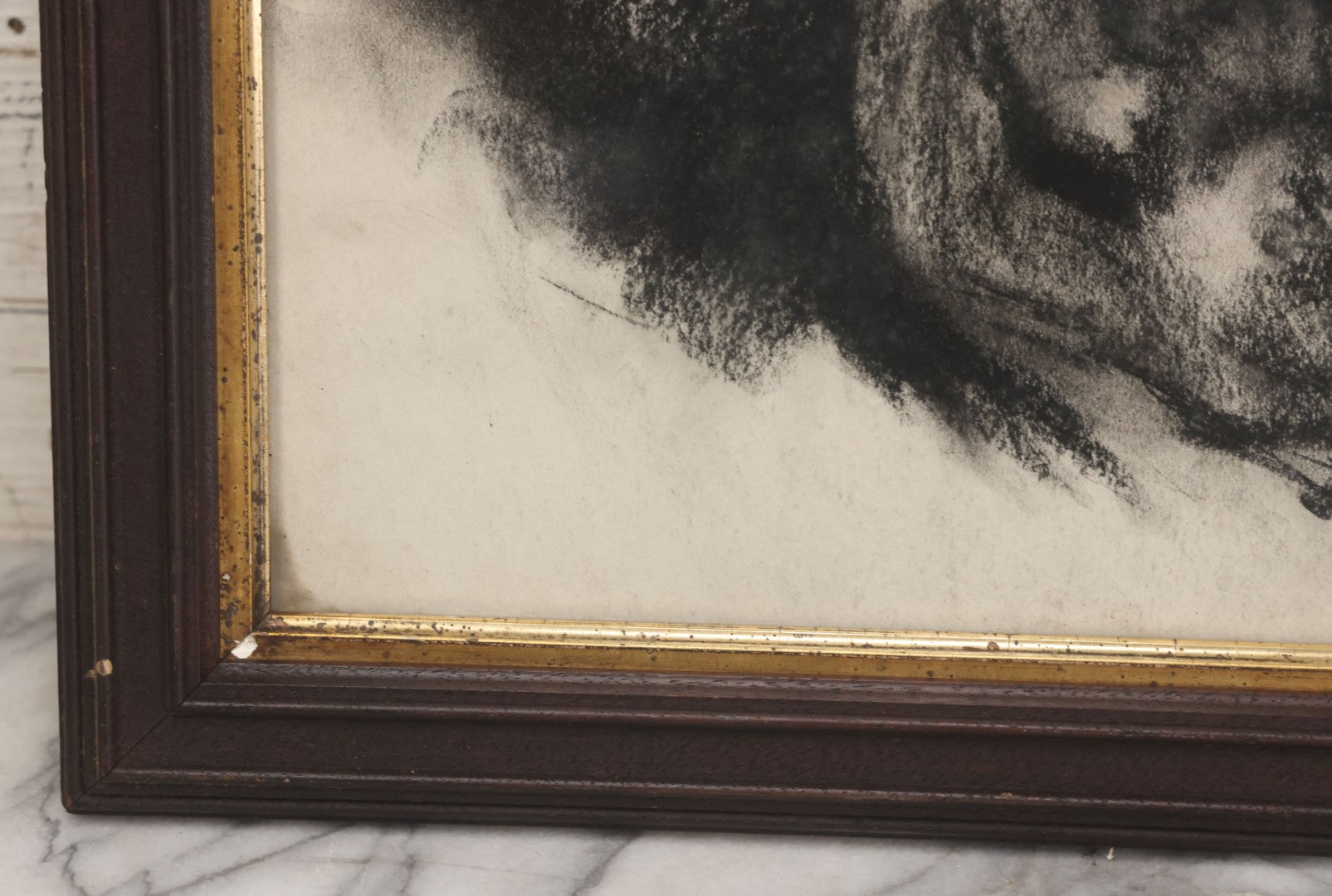 Lot 004 - Vintage Hand-Drawn Academic Human Skull Study, Charcoal On Paper, With Dark Shading, In Antique Wood Frame, 17-5/8" x 19-1/8"