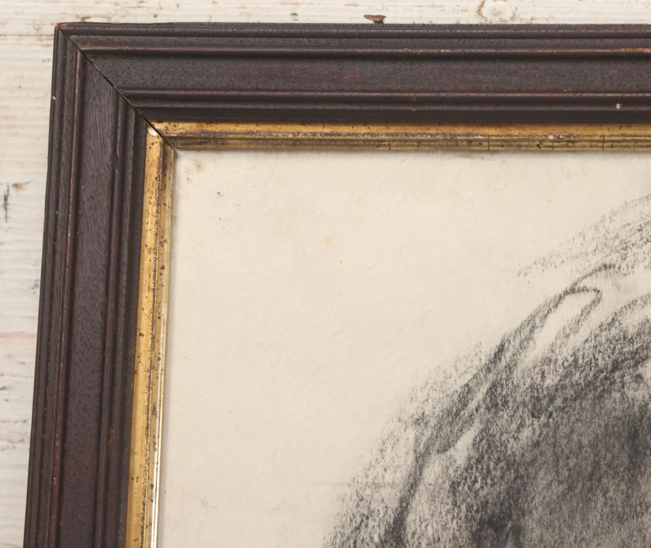 Lot 004 - Vintage Hand-Drawn Academic Human Skull Study, Charcoal On Paper, With Dark Shading, In Antique Wood Frame, 17-5/8" x 19-1/8"