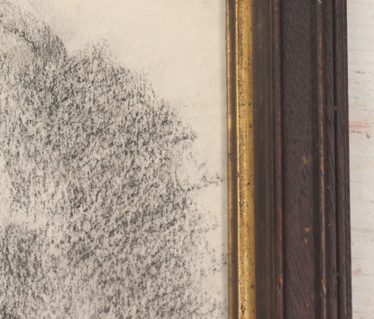 Lot 004 - Vintage Hand-Drawn Academic Human Skull Study, Charcoal On Paper, With Dark Shading, In Antique Wood Frame, 17-5/8" x 19-1/8"