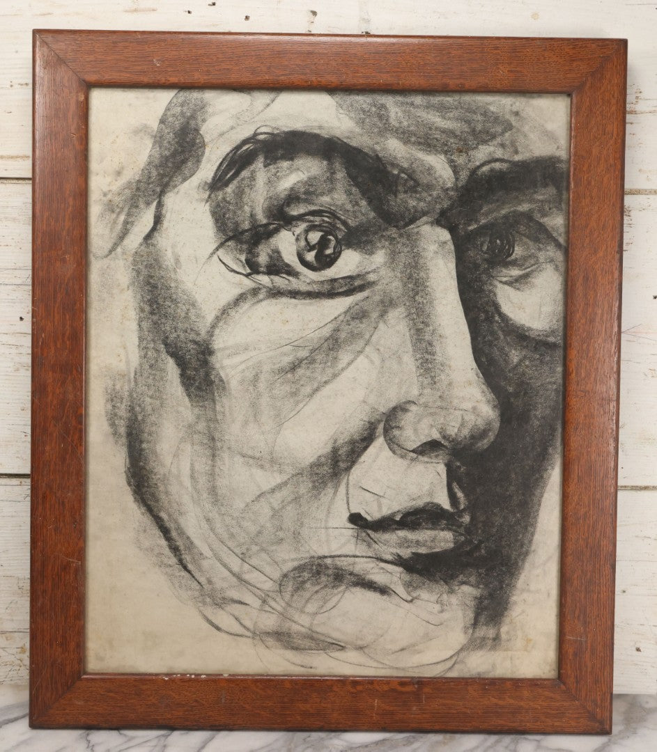Lot 005 - Vintage Hand-Drawn Academic Modernist Expressionist Portrait Study Of Man's Face, Charcoal On Paper, In Antique Wood Frame, 21-3/4" x 25-3/4"