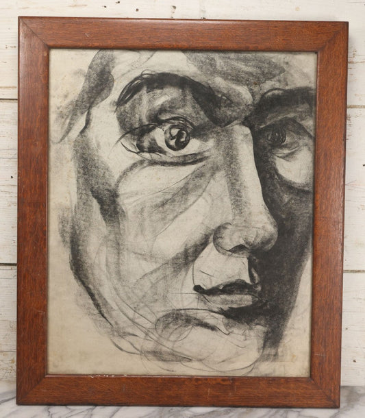Lot 005 - Vintage Hand-Drawn Academic Modernist Expressionist Portrait Study Of Man's Face, Charcoal On Paper, In Antique Wood Frame, 21-3/4" x 25-3/4"