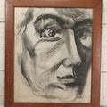 Lot 005 - Vintage Hand-Drawn Academic Modernist Expressionist Portrait Study Of Man's Face, Charcoal On Paper, In Antique Wood Frame, 21-3/4" x 25-3/4"
