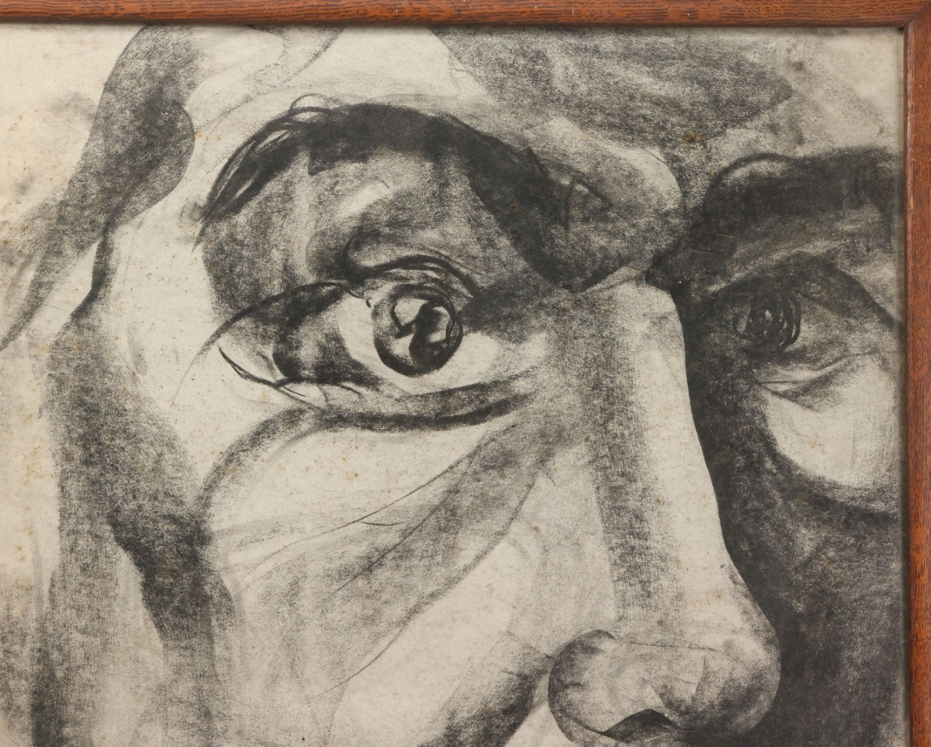 Lot 005 - Vintage Hand-Drawn Academic Modernist Expressionist Portrait Study Of Man's Face, Charcoal On Paper, In Antique Wood Frame, 21-3/4" x 25-3/4"