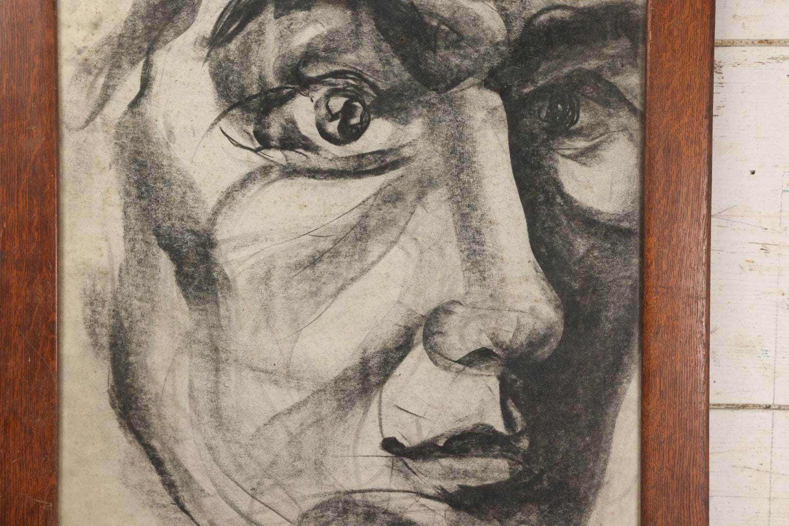 Lot 005 - Vintage Hand-Drawn Academic Modernist Expressionist Portrait Study Of Man's Face, Charcoal On Paper, In Antique Wood Frame, 21-3/4" x 25-3/4"