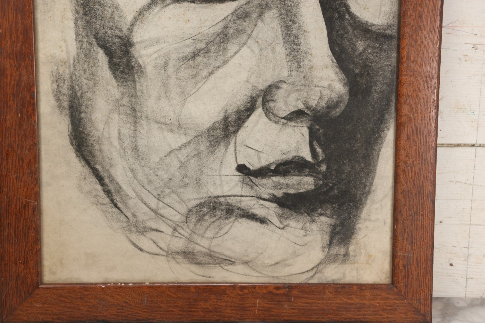 Lot 005 - Vintage Hand-Drawn Academic Modernist Expressionist Portrait Study Of Man's Face, Charcoal On Paper, In Antique Wood Frame, 21-3/4" x 25-3/4"