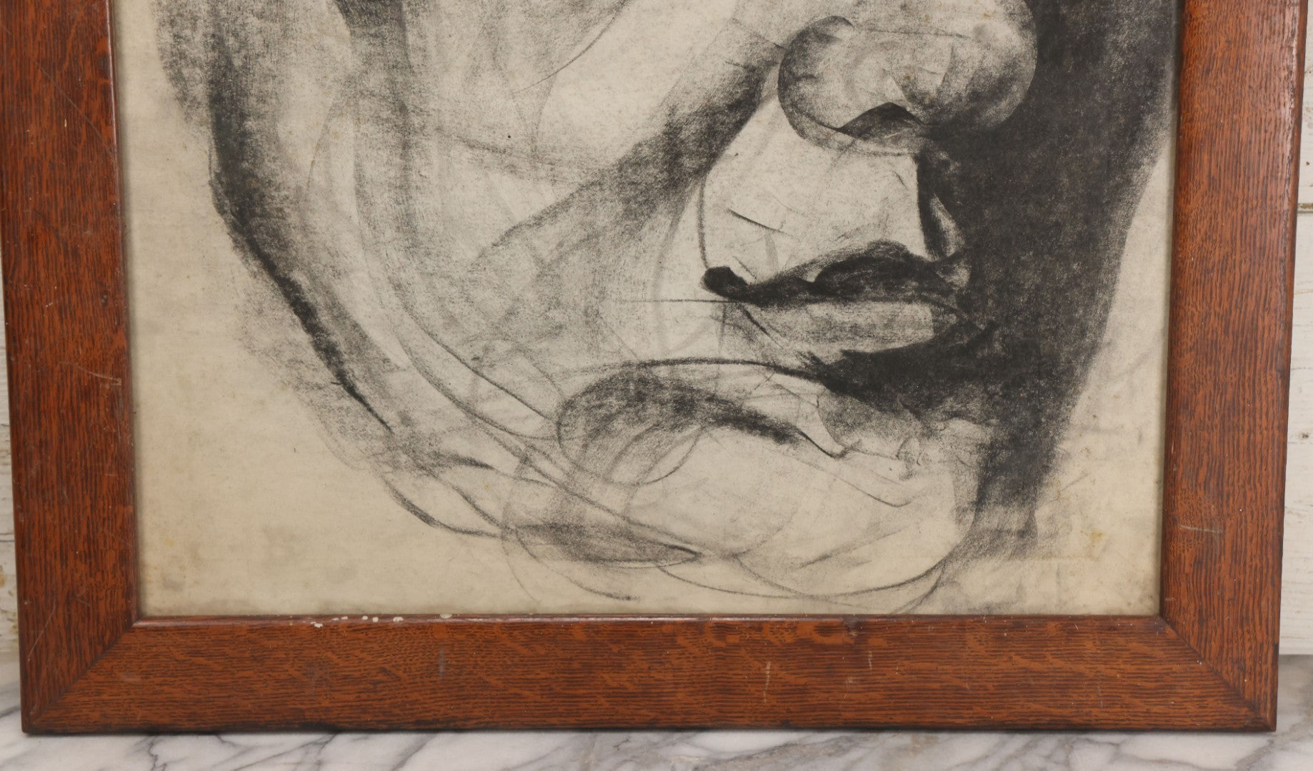Lot 005 - Vintage Hand-Drawn Academic Modernist Expressionist Portrait Study Of Man's Face, Charcoal On Paper, In Antique Wood Frame, 21-3/4" x 25-3/4"
