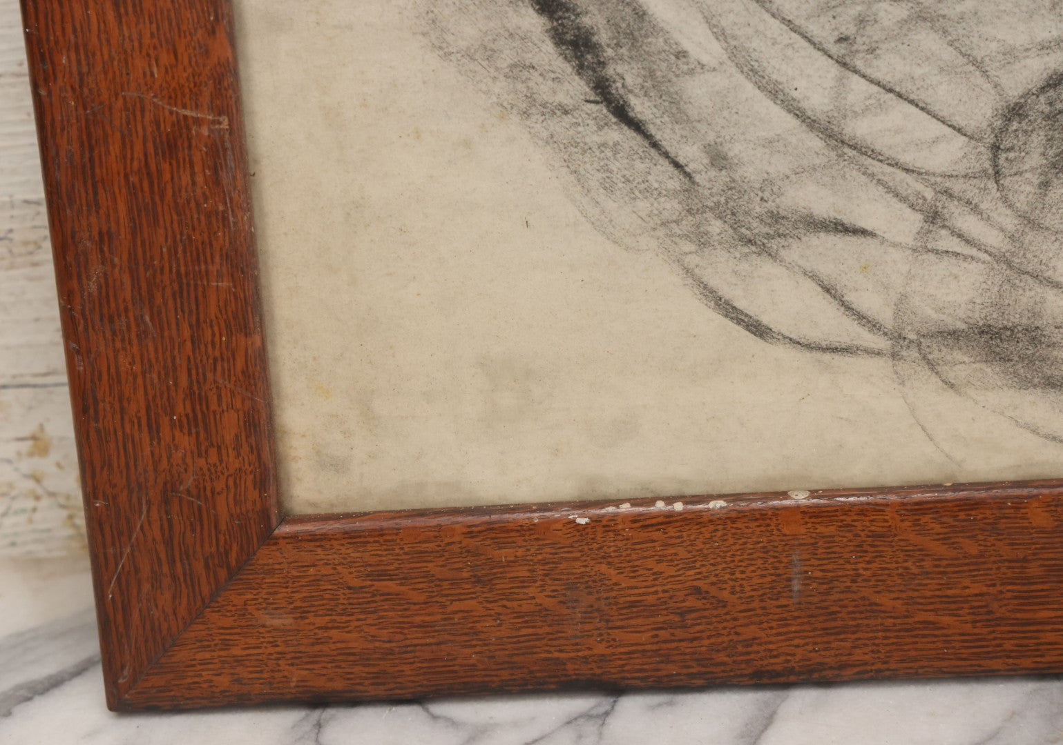 Lot 005 - Vintage Hand-Drawn Academic Modernist Expressionist Portrait Study Of Man's Face, Charcoal On Paper, In Antique Wood Frame, 21-3/4" x 25-3/4"