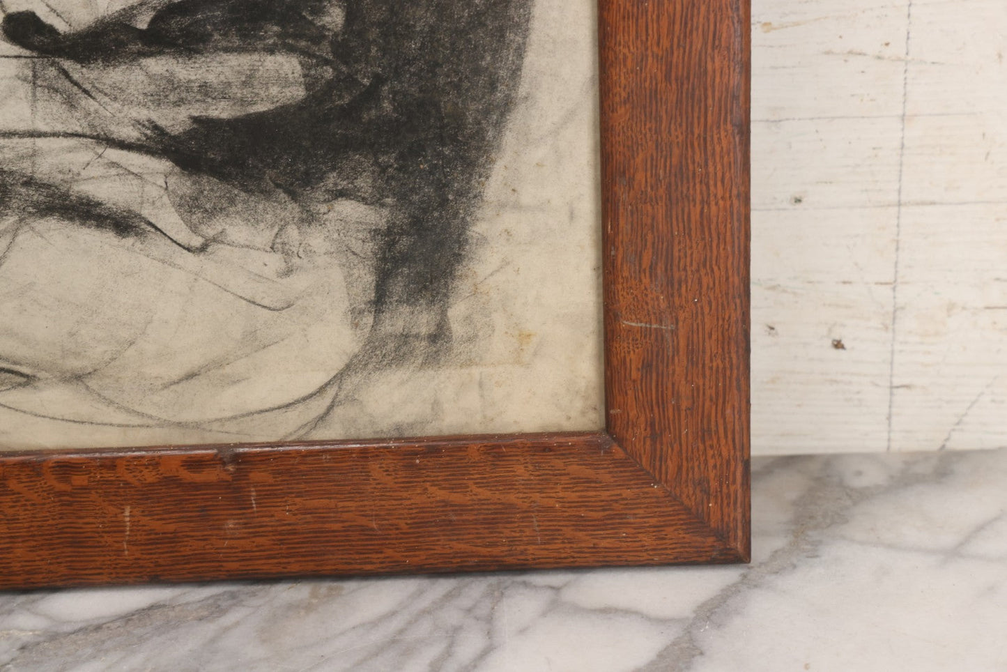 Lot 005 - Vintage Hand-Drawn Academic Modernist Expressionist Portrait Study Of Man's Face, Charcoal On Paper, In Antique Wood Frame, 21-3/4" x 25-3/4"