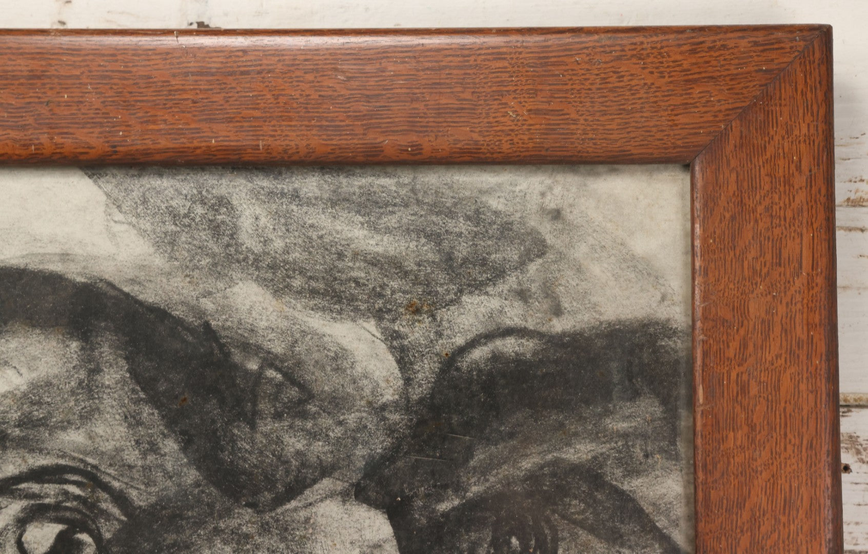 Lot 005 - Vintage Hand-Drawn Academic Modernist Expressionist Portrait Study Of Man's Face, Charcoal On Paper, In Antique Wood Frame, 21-3/4" x 25-3/4"