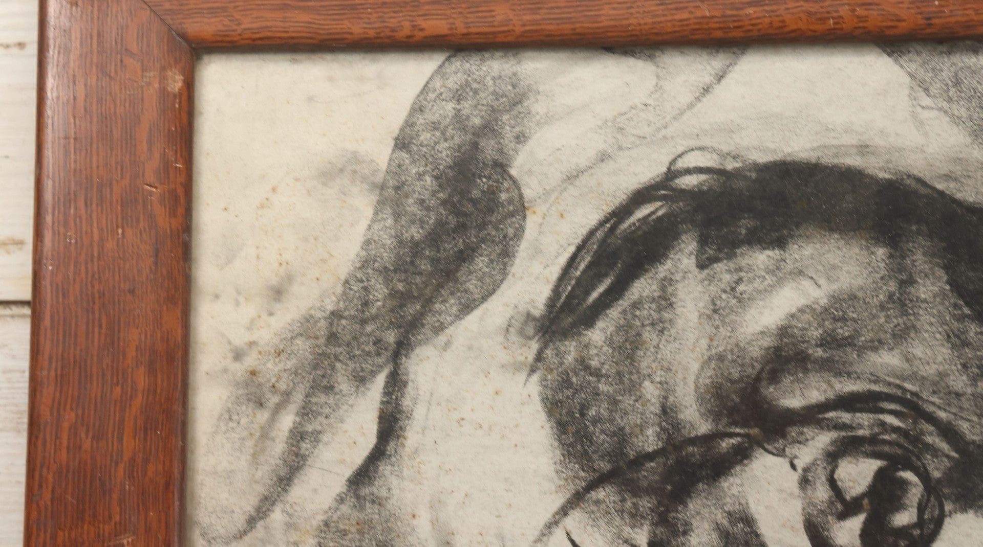 Lot 005 - Vintage Hand-Drawn Academic Modernist Expressionist Portrait Study Of Man's Face, Charcoal On Paper, In Antique Wood Frame, 21-3/4" x 25-3/4"