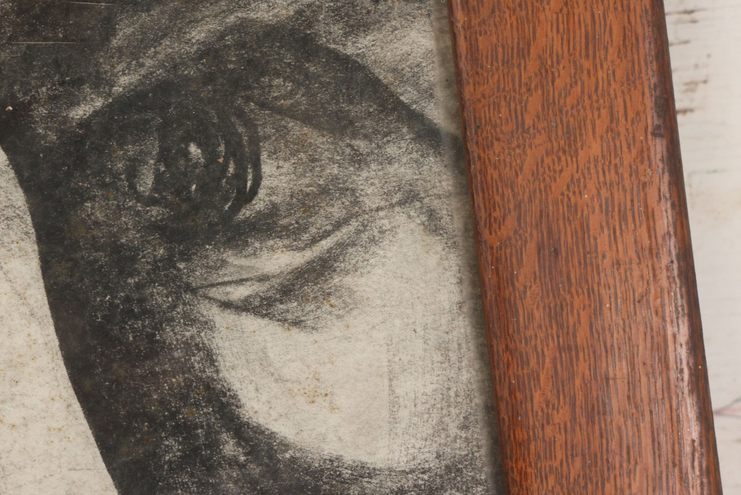 Lot 005 - Vintage Hand-Drawn Academic Modernist Expressionist Portrait Study Of Man's Face, Charcoal On Paper, In Antique Wood Frame, 21-3/4" x 25-3/4"