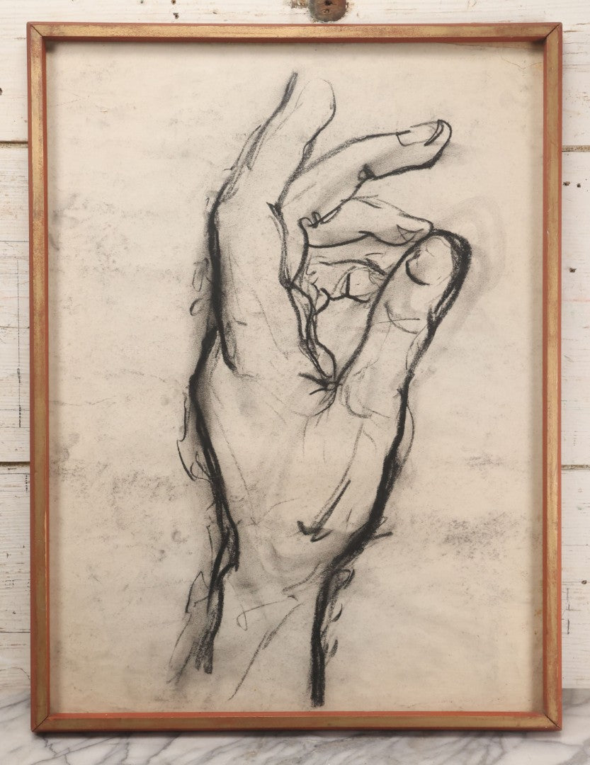Lot 006 - Vintage Hand-Drawn Academic Anatomical Hand Study, Charcoal On Paper, In Vintage Wood Frame, 18-1/2" x 24-1/2"