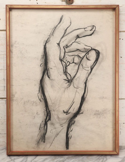 Lot 006 - Vintage Hand-Drawn Academic Anatomical Hand Study, Charcoal On Paper, In Vintage Wood Frame, 18-1/2" x 24-1/2"