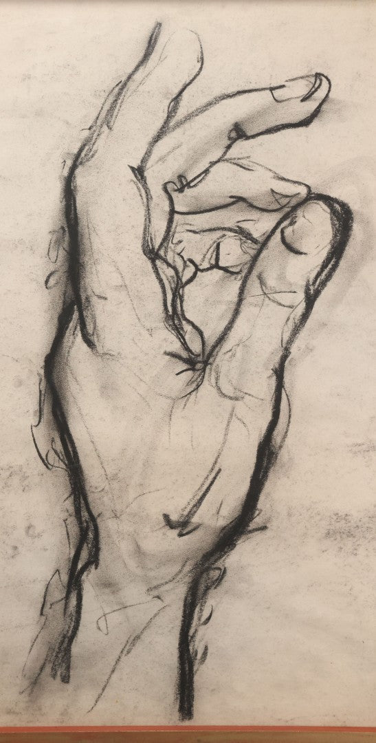 Lot 006 - Vintage Hand-Drawn Academic Anatomical Hand Study, Charcoal On Paper, In Vintage Wood Frame, 18-1/2" x 24-1/2"