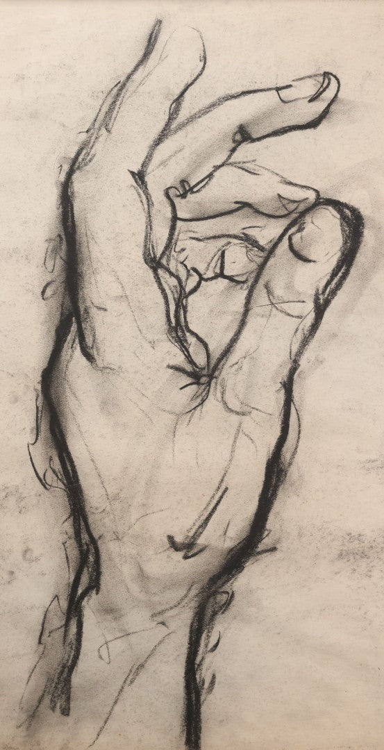 Lot 006 - Vintage Hand-Drawn Academic Anatomical Hand Study, Charcoal On Paper, In Vintage Wood Frame, 18-1/2" x 24-1/2"