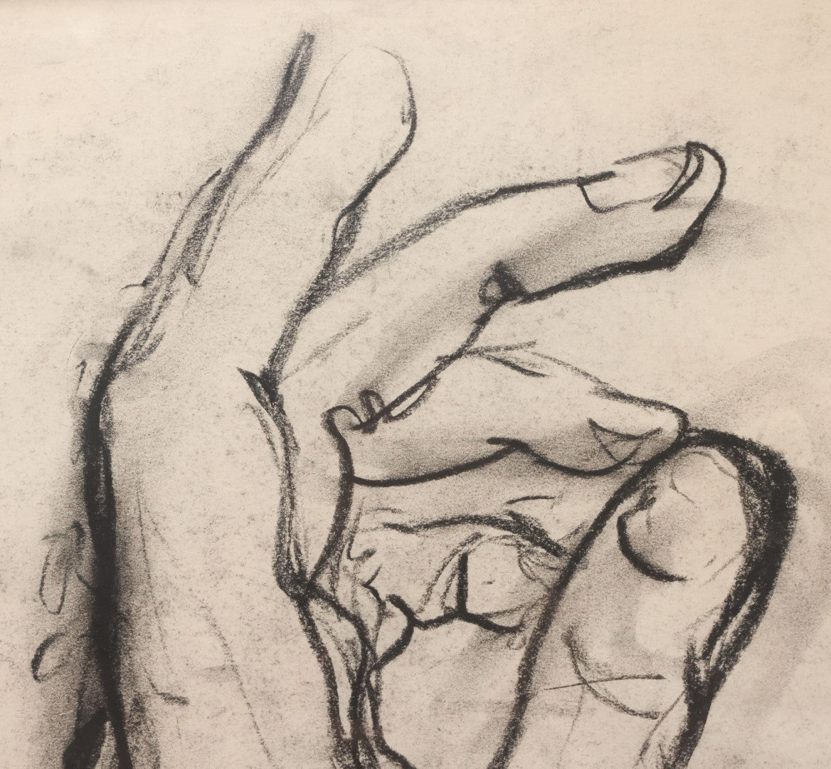 Lot 006 - Vintage Hand-Drawn Academic Anatomical Hand Study, Charcoal On Paper, In Vintage Wood Frame, 18-1/2" x 24-1/2"