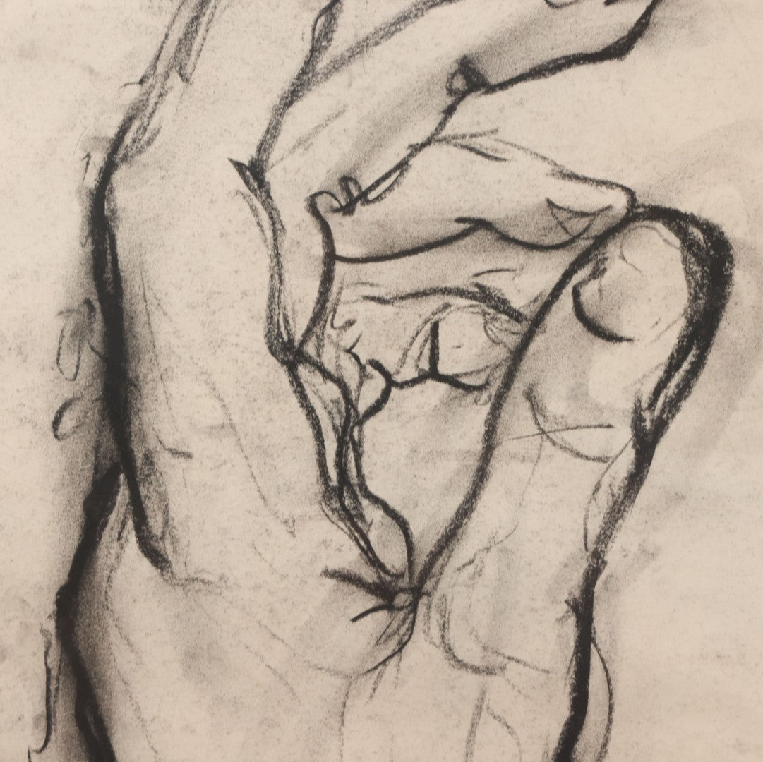 Lot 006 - Vintage Hand-Drawn Academic Anatomical Hand Study, Charcoal On Paper, In Vintage Wood Frame, 18-1/2" x 24-1/2"
