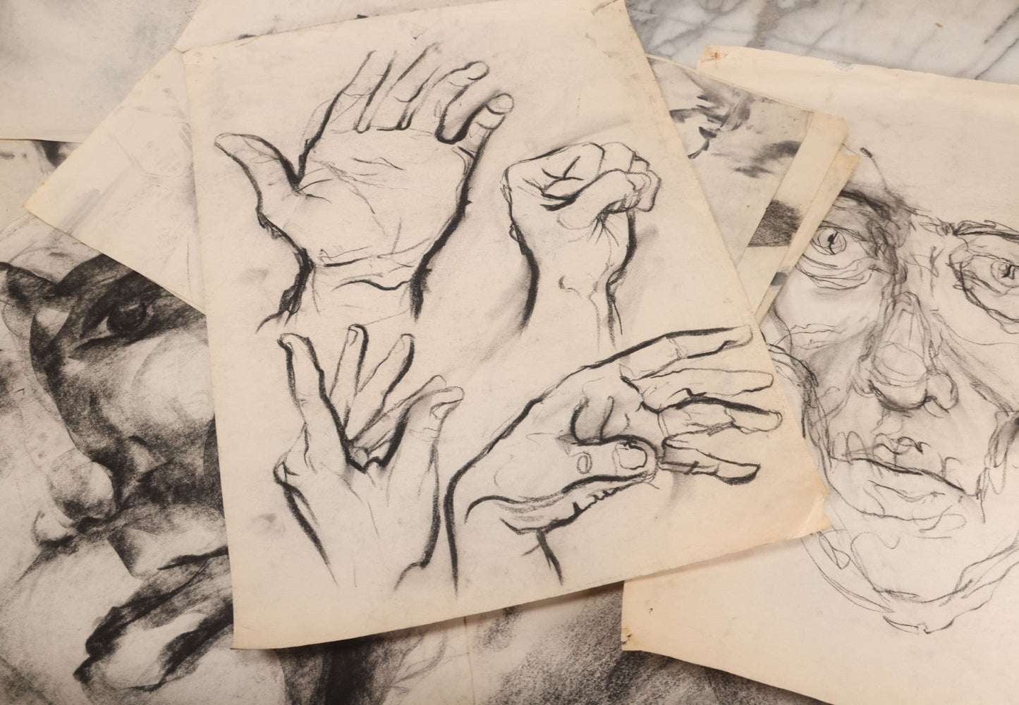 Lot 007 - Grouping Of Eight Hand-Drawn Academic Studies, Charcoal On Paper, Including Modernist Expressionist Face, Views Of Hand, And Nudes, Unframed, 18" x 24" each
