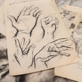 Lot 007 - Grouping Of Eight Hand-Drawn Academic Studies, Charcoal On Paper, Including Modernist Expressionist Face, Views Of Hand, And Nudes, Unframed, 18" x 24" each