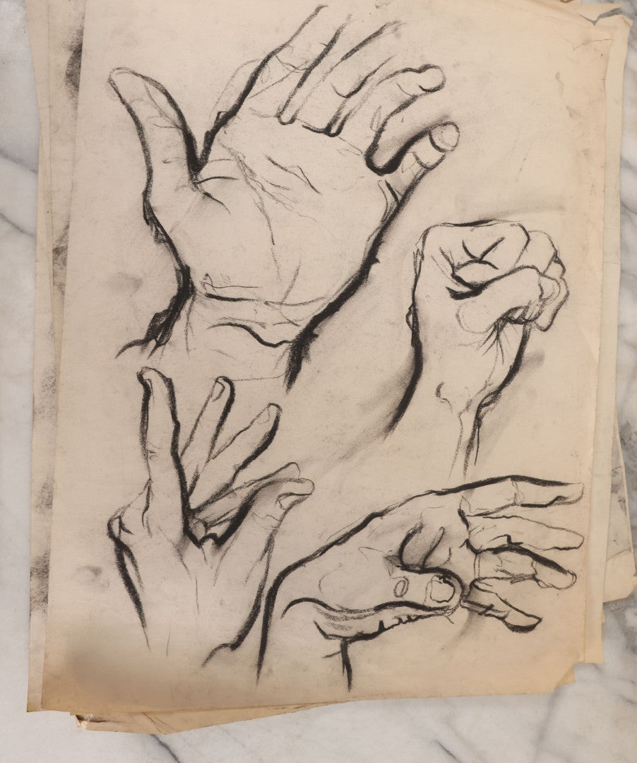 Lot 007 - Grouping Of Eight Hand-Drawn Academic Studies, Charcoal On Paper, Including Modernist Expressionist Face, Views Of Hand, And Nudes, Unframed, 18" x 24" each