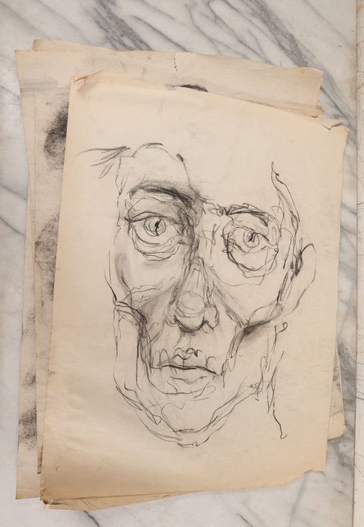 Lot 007 - Grouping Of Eight Hand-Drawn Academic Studies, Charcoal On Paper, Including Modernist Expressionist Face, Views Of Hand, And Nudes, Unframed, 18" x 24" each