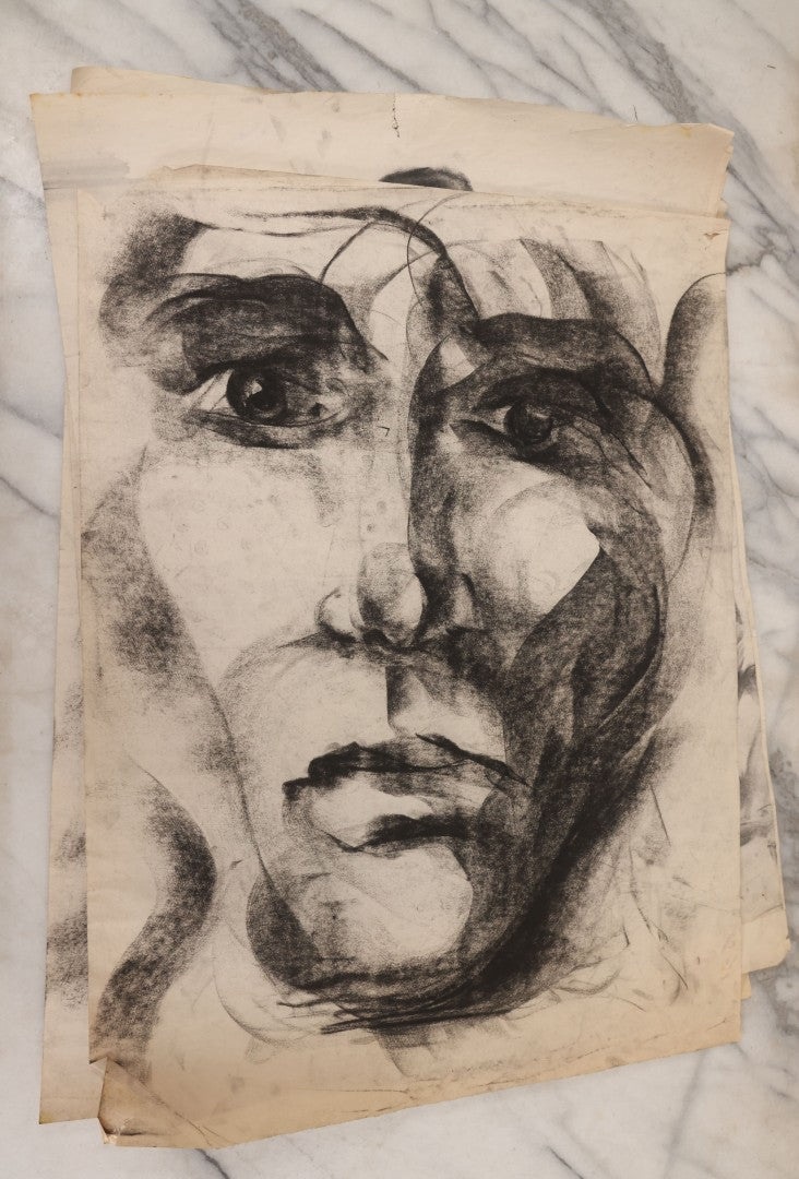 Lot 007 - Grouping Of Eight Hand-Drawn Academic Studies, Charcoal On Paper, Including Modernist Expressionist Face, Views Of Hand, And Nudes, Unframed, 18" x 24" each