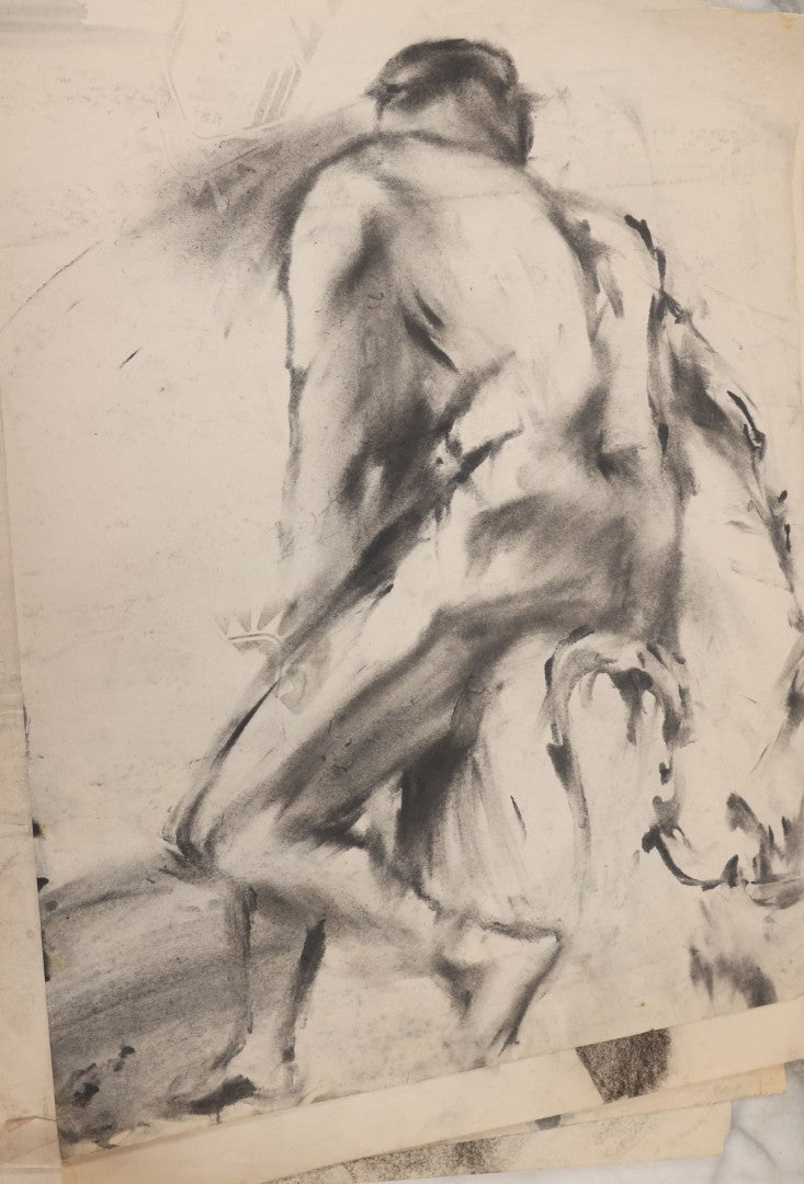 Lot 007 - Grouping Of Eight Hand-Drawn Academic Studies, Charcoal On Paper, Including Modernist Expressionist Face, Views Of Hand, And Nudes, Unframed, 18" x 24" each
