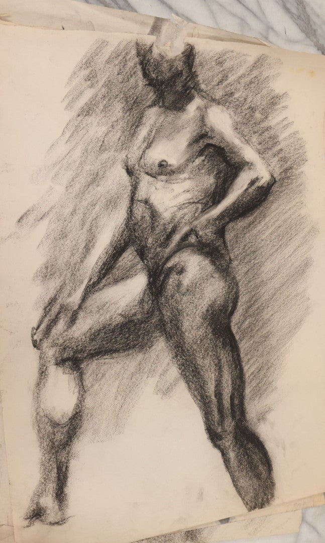 Lot 007 - Grouping Of Eight Hand-Drawn Academic Studies, Charcoal On Paper, Including Modernist Expressionist Face, Views Of Hand, And Nudes, Unframed, 18" x 24" each