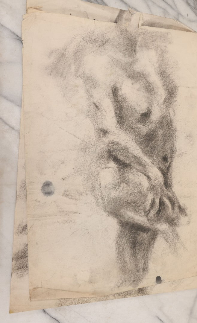 Lot 007 - Grouping Of Eight Hand-Drawn Academic Studies, Charcoal On Paper, Including Modernist Expressionist Face, Views Of Hand, And Nudes, Unframed, 18" x 24" each