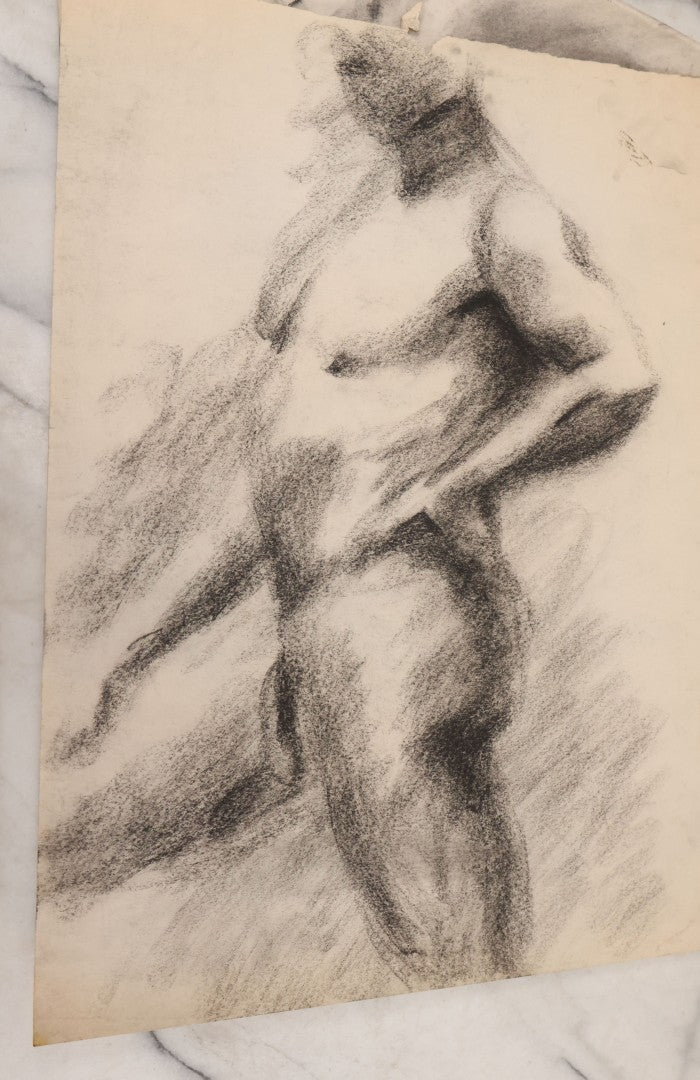 Lot 007 - Grouping Of Eight Hand-Drawn Academic Studies, Charcoal On Paper, Including Modernist Expressionist Face, Views Of Hand, And Nudes, Unframed, 18" x 24" each