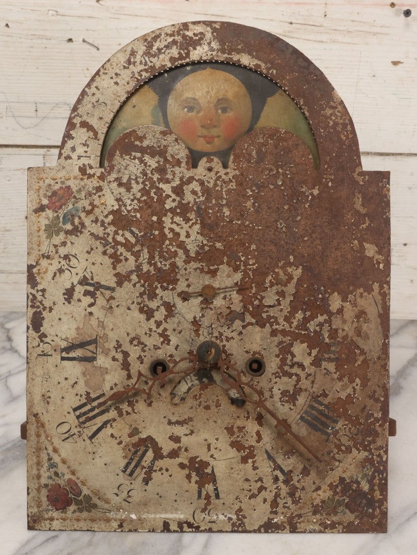Lot 008 - Antique Hand-Painted Clock Dial By James Osborne, Birmingham, England, With Rolling Moon Phase Dial Featuring Moon Man, Landscape, And Ship Paintings, Clock Face Badly Worn, Includes Original Clock Works, Front 12-1/8" x 17-1/8"