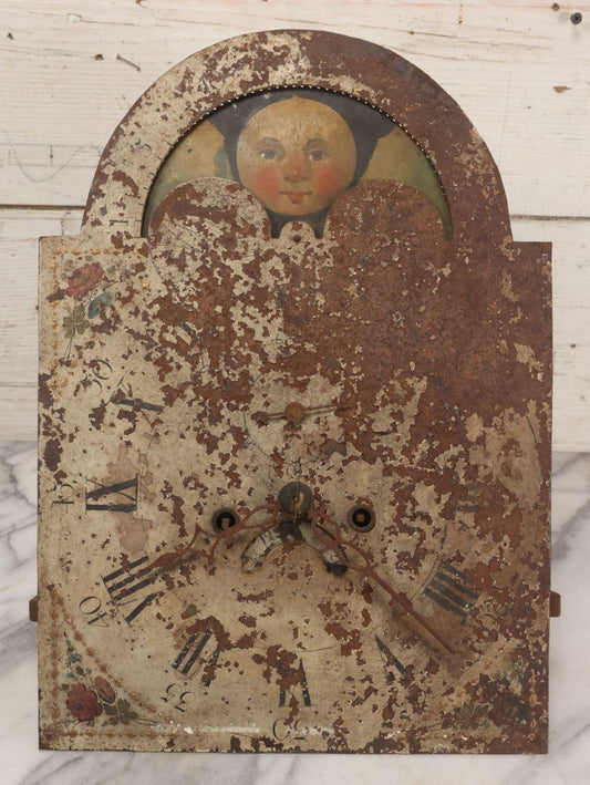 Lot 008 - Antique Hand-Painted Clock Dial By James Osborne, Birmingham, England, With Rolling Moon Phase Dial Featuring Moon Man, Landscape, And Ship Paintings, Clock Face Badly Worn, Includes Original Clock Works, Front 12-1/8" x 17-1/8"