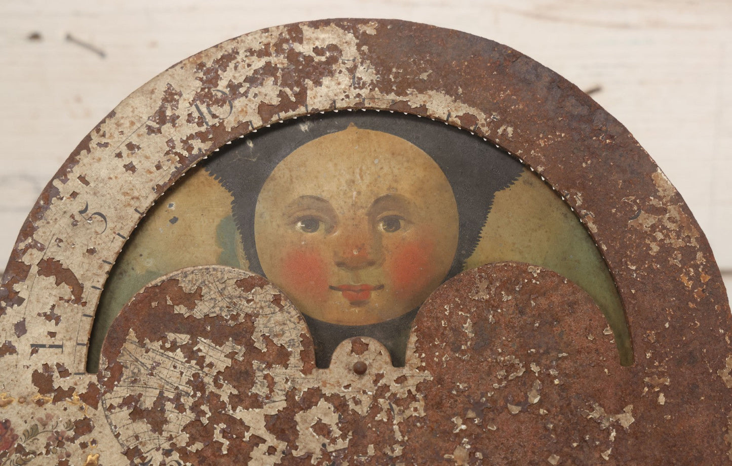 Lot 008 - Antique Hand-Painted Clock Dial By James Osborne, Birmingham, England, With Rolling Moon Phase Dial Featuring Moon Man, Landscape, And Ship Paintings, Clock Face Badly Worn, Includes Original Clock Works, Front 12-1/8" x 17-1/8"