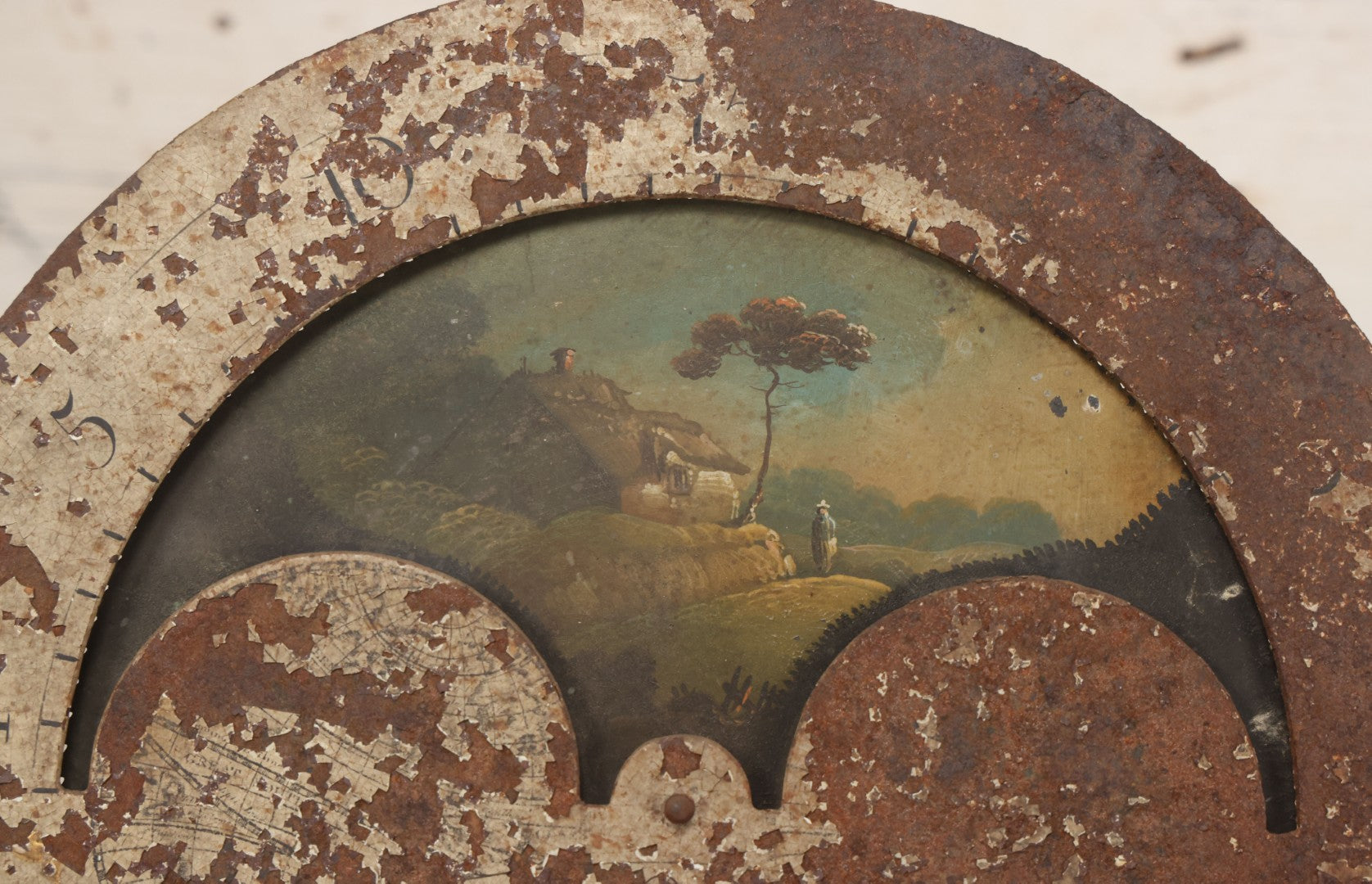 Lot 008 - Antique Hand-Painted Clock Dial By James Osborne, Birmingham, England, With Rolling Moon Phase Dial Featuring Moon Man, Landscape, And Ship Paintings, Clock Face Badly Worn, Includes Original Clock Works, Front 12-1/8" x 17-1/8"