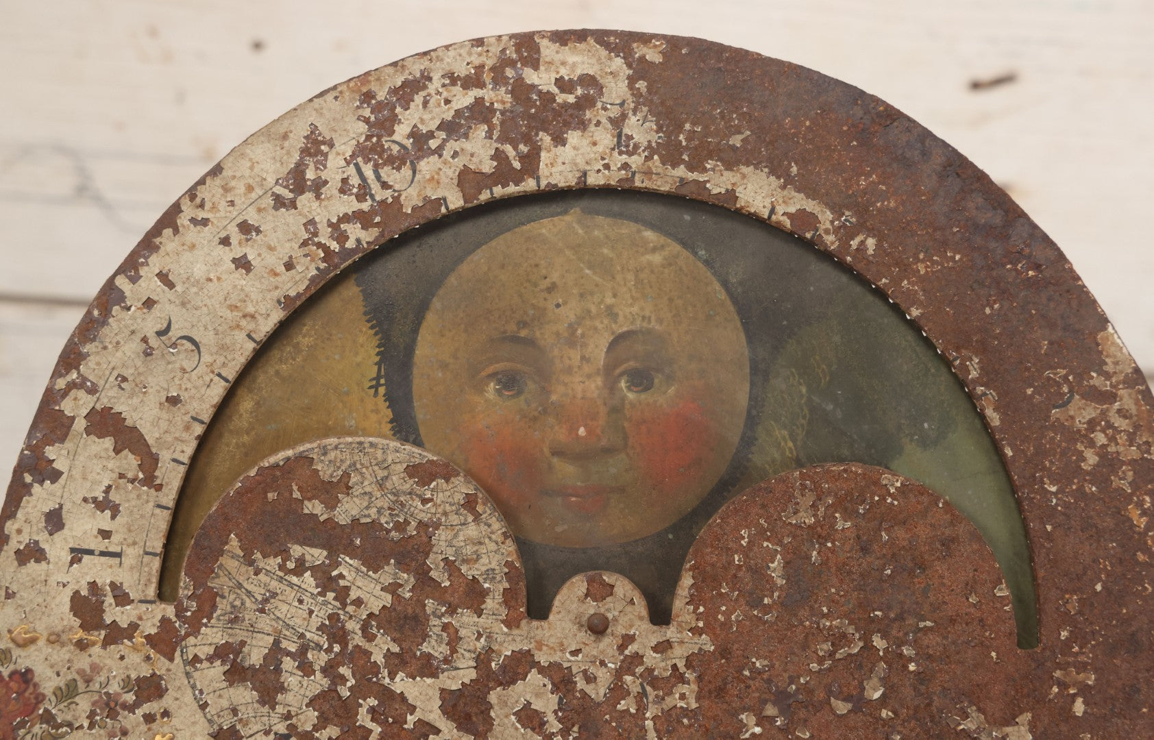 Lot 008 - Antique Hand-Painted Clock Dial By James Osborne, Birmingham, England, With Rolling Moon Phase Dial Featuring Moon Man, Landscape, And Ship Paintings, Clock Face Badly Worn, Includes Original Clock Works, Front 12-1/8" x 17-1/8"