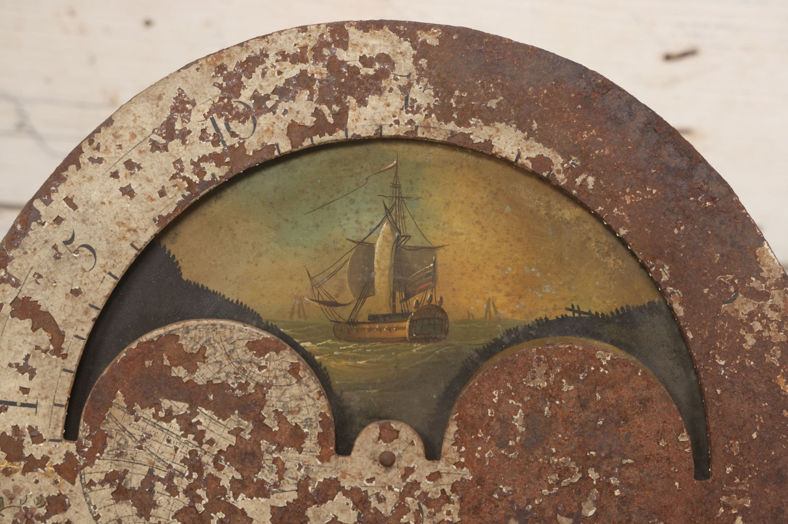 Lot 008 - Antique Hand-Painted Clock Dial By James Osborne, Birmingham, England, With Rolling Moon Phase Dial Featuring Moon Man, Landscape, And Ship Paintings, Clock Face Badly Worn, Includes Original Clock Works, Front 12-1/8" x 17-1/8"