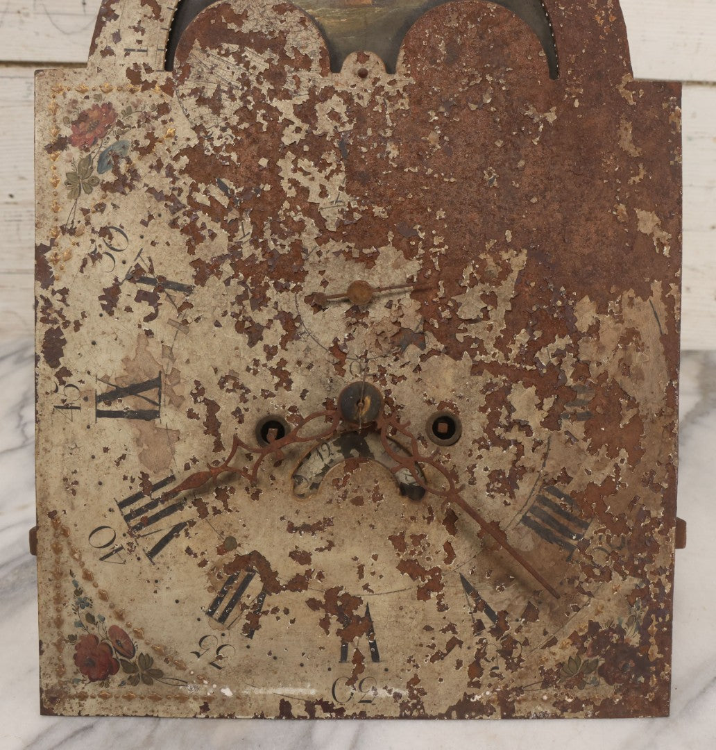 Lot 008 - Antique Hand-Painted Clock Dial By James Osborne, Birmingham, England, With Rolling Moon Phase Dial Featuring Moon Man, Landscape, And Ship Paintings, Clock Face Badly Worn, Includes Original Clock Works, Front 12-1/8" x 17-1/8"