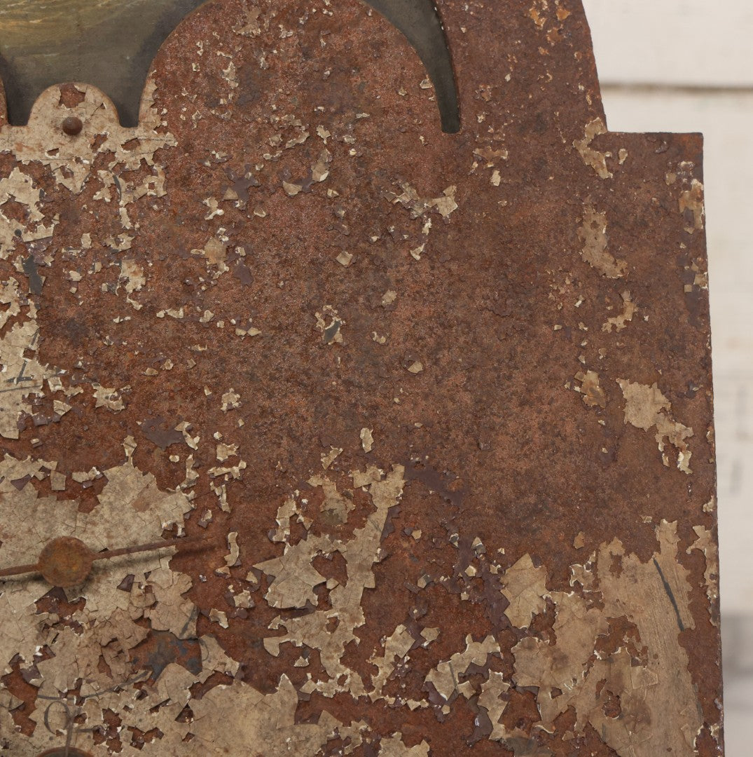 Lot 008 - Antique Hand-Painted Clock Dial By James Osborne, Birmingham, England, With Rolling Moon Phase Dial Featuring Moon Man, Landscape, And Ship Paintings, Clock Face Badly Worn, Includes Original Clock Works, Front 12-1/8" x 17-1/8"