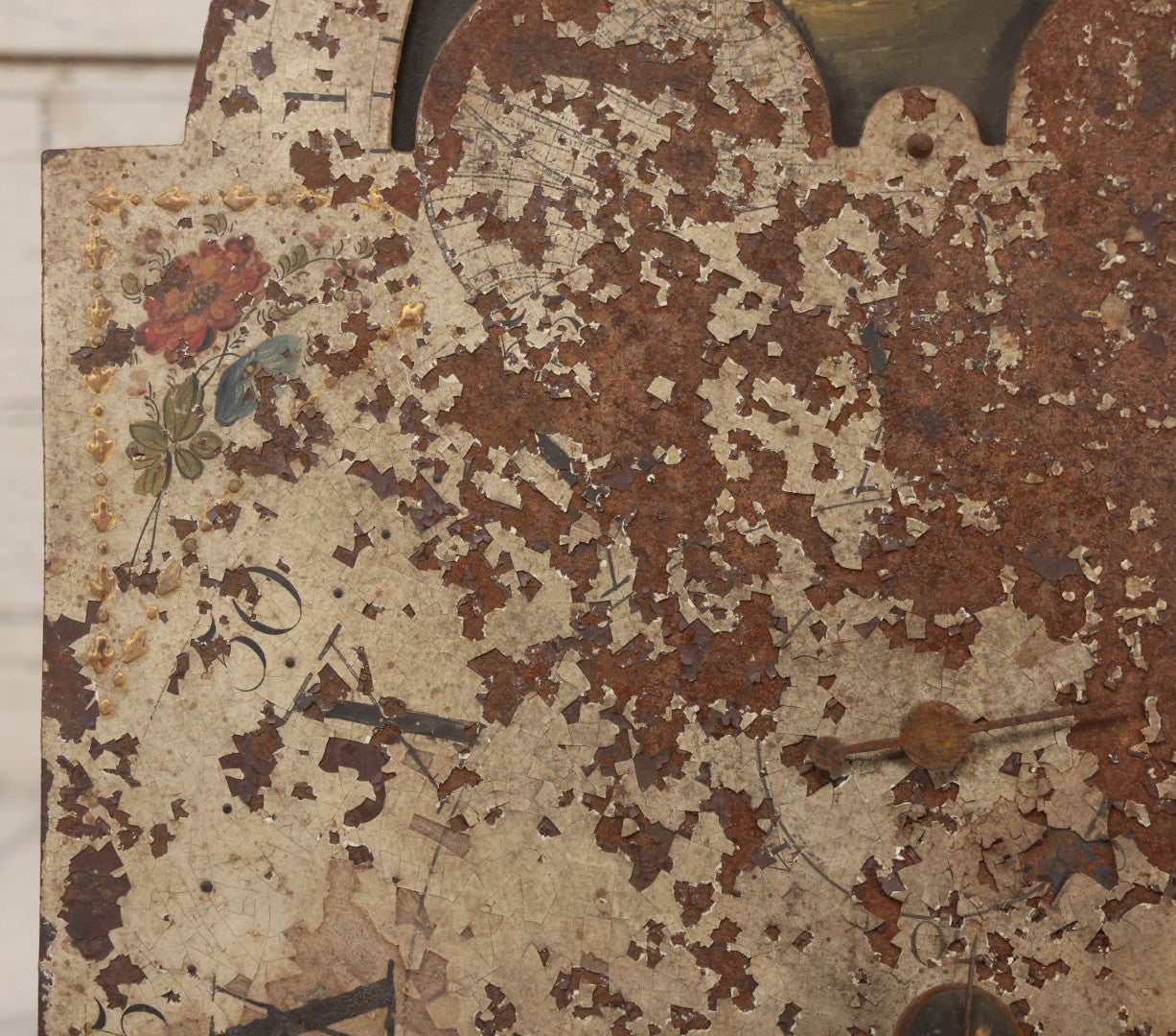 Lot 008 - Antique Hand-Painted Clock Dial By James Osborne, Birmingham, England, With Rolling Moon Phase Dial Featuring Moon Man, Landscape, And Ship Paintings, Clock Face Badly Worn, Includes Original Clock Works, Front 12-1/8" x 17-1/8"