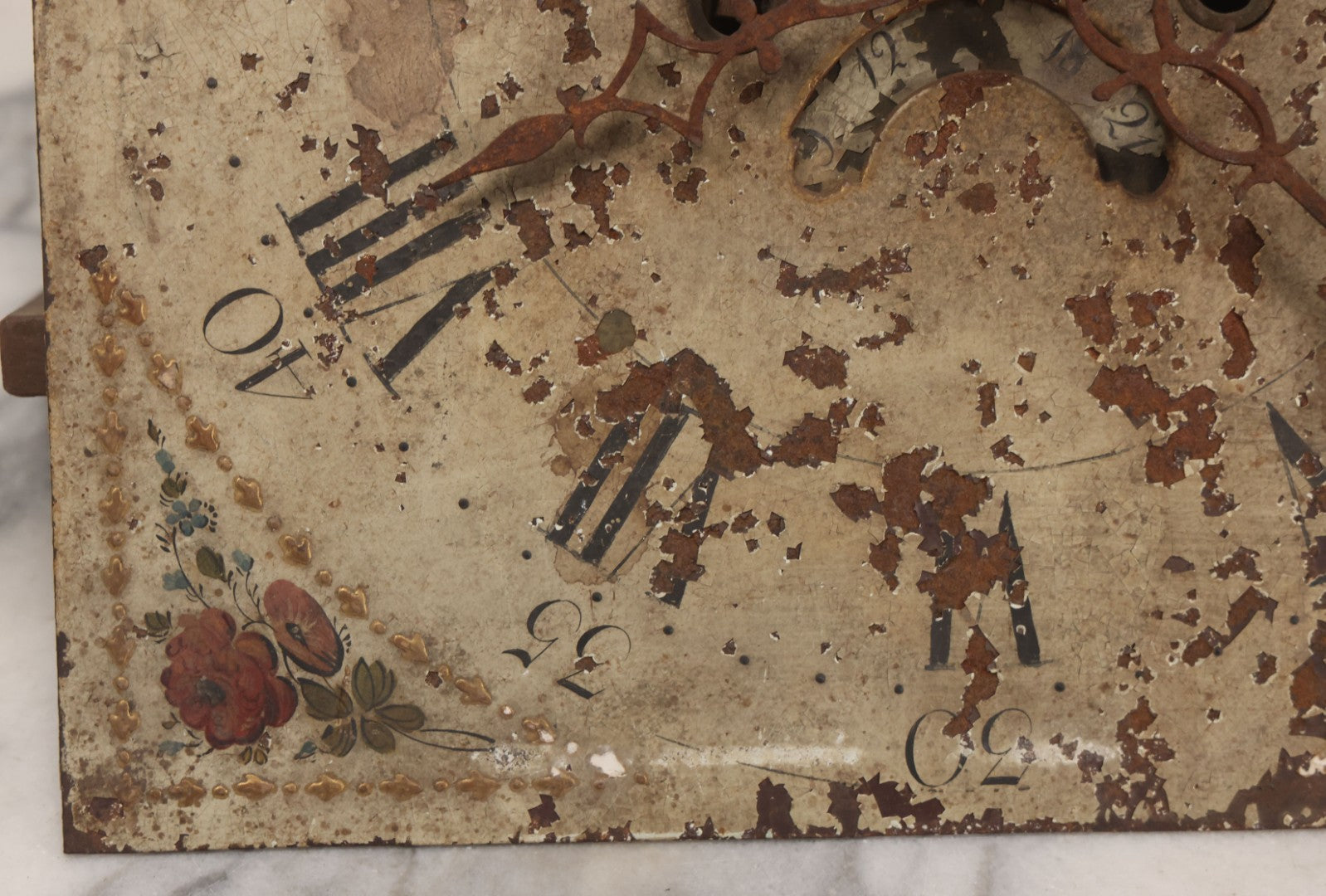 Lot 008 - Antique Hand-Painted Clock Dial By James Osborne, Birmingham, England, With Rolling Moon Phase Dial Featuring Moon Man, Landscape, And Ship Paintings, Clock Face Badly Worn, Includes Original Clock Works, Front 12-1/8" x 17-1/8"