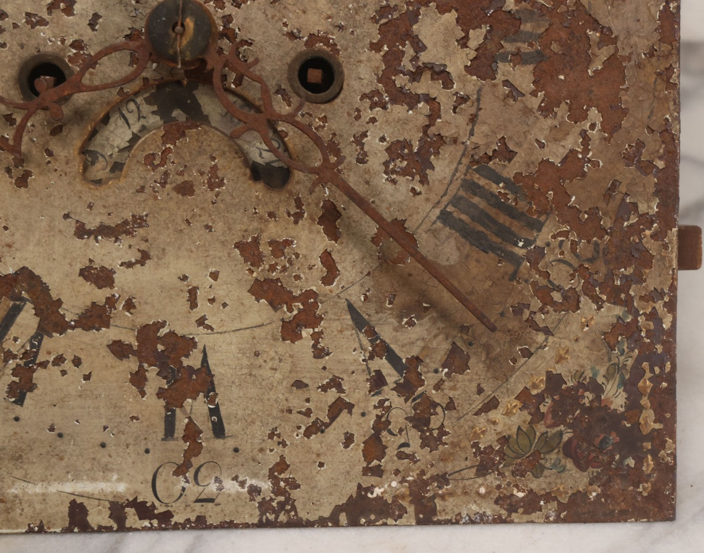 Lot 008 - Antique Hand-Painted Clock Dial By James Osborne, Birmingham, England, With Rolling Moon Phase Dial Featuring Moon Man, Landscape, And Ship Paintings, Clock Face Badly Worn, Includes Original Clock Works, Front 12-1/8" x 17-1/8"