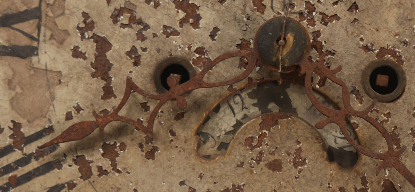 Lot 008 - Antique Hand-Painted Clock Dial By James Osborne, Birmingham, England, With Rolling Moon Phase Dial Featuring Moon Man, Landscape, And Ship Paintings, Clock Face Badly Worn, Includes Original Clock Works, Front 12-1/8" x 17-1/8"