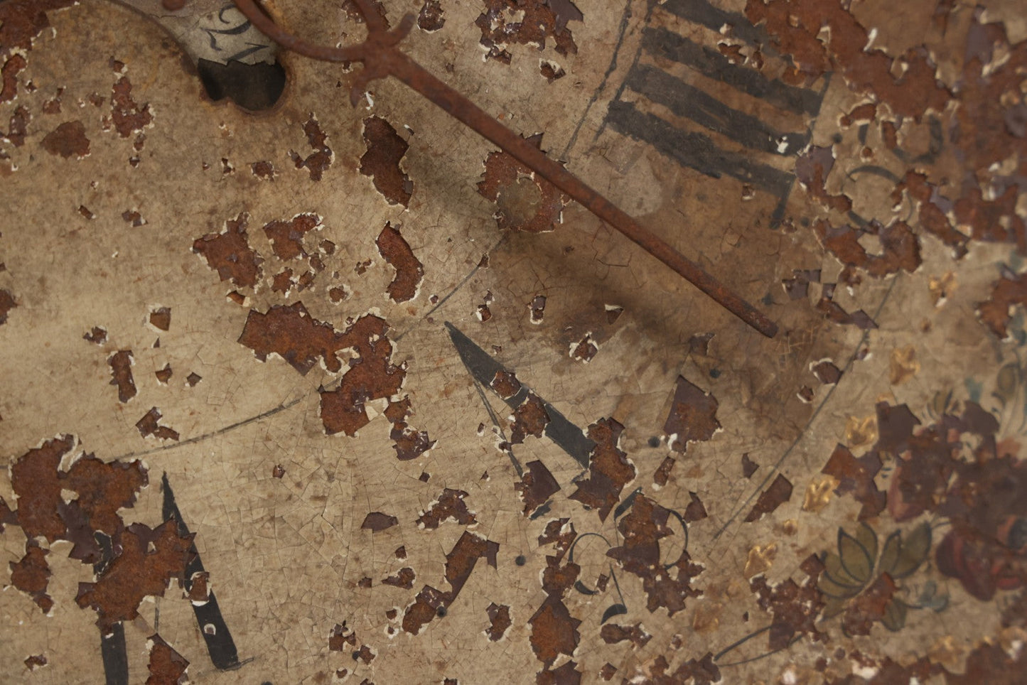 Lot 008 - Antique Hand-Painted Clock Dial By James Osborne, Birmingham, England, With Rolling Moon Phase Dial Featuring Moon Man, Landscape, And Ship Paintings, Clock Face Badly Worn, Includes Original Clock Works, Front 12-1/8" x 17-1/8"